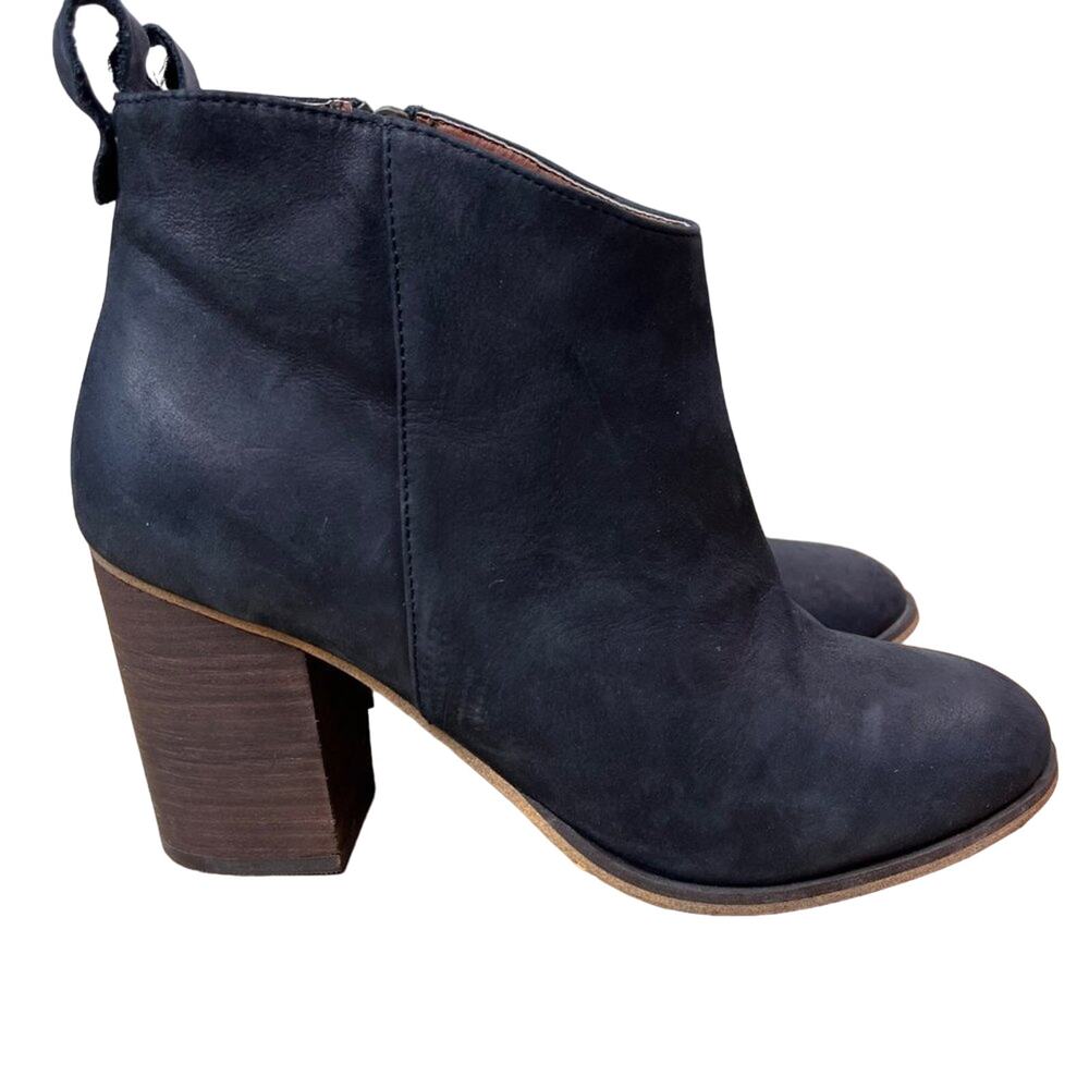 Bp Boots Womens 9 M Blue Leather Stacked Block Heel Ankle Side Zip Pull Tab